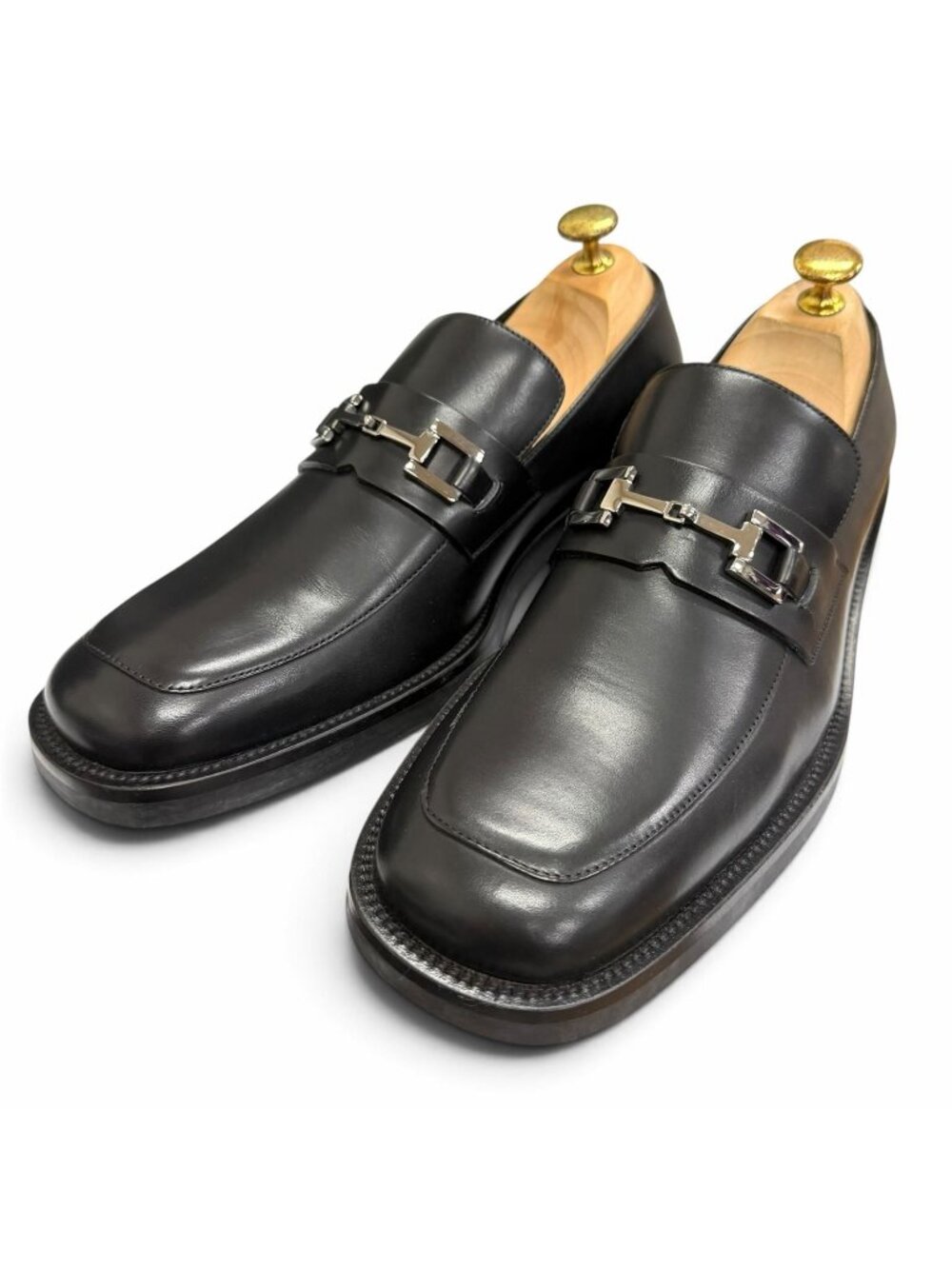 Gucci Leather Horsebit Loafers Flat Shoes Black Silver